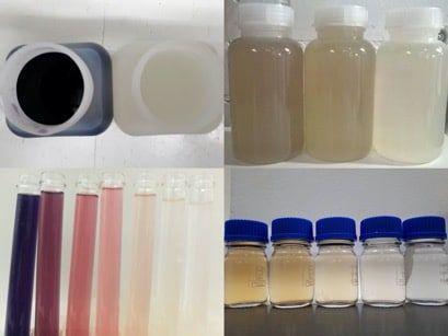 Figure 3. Color removal by RPO treatment. Left: textile industry wastewater; top right: high turbidity industrial wastewater; bottom right: biologically treated wastewater effluent.