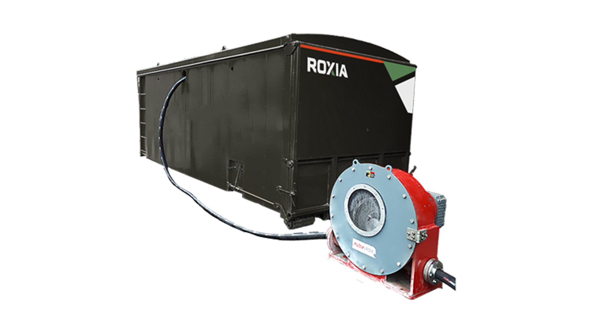 Roxia Dewatering Unit. Sludge dewatering, solids collection in a geotextile bag, roll-off container for transportation.
