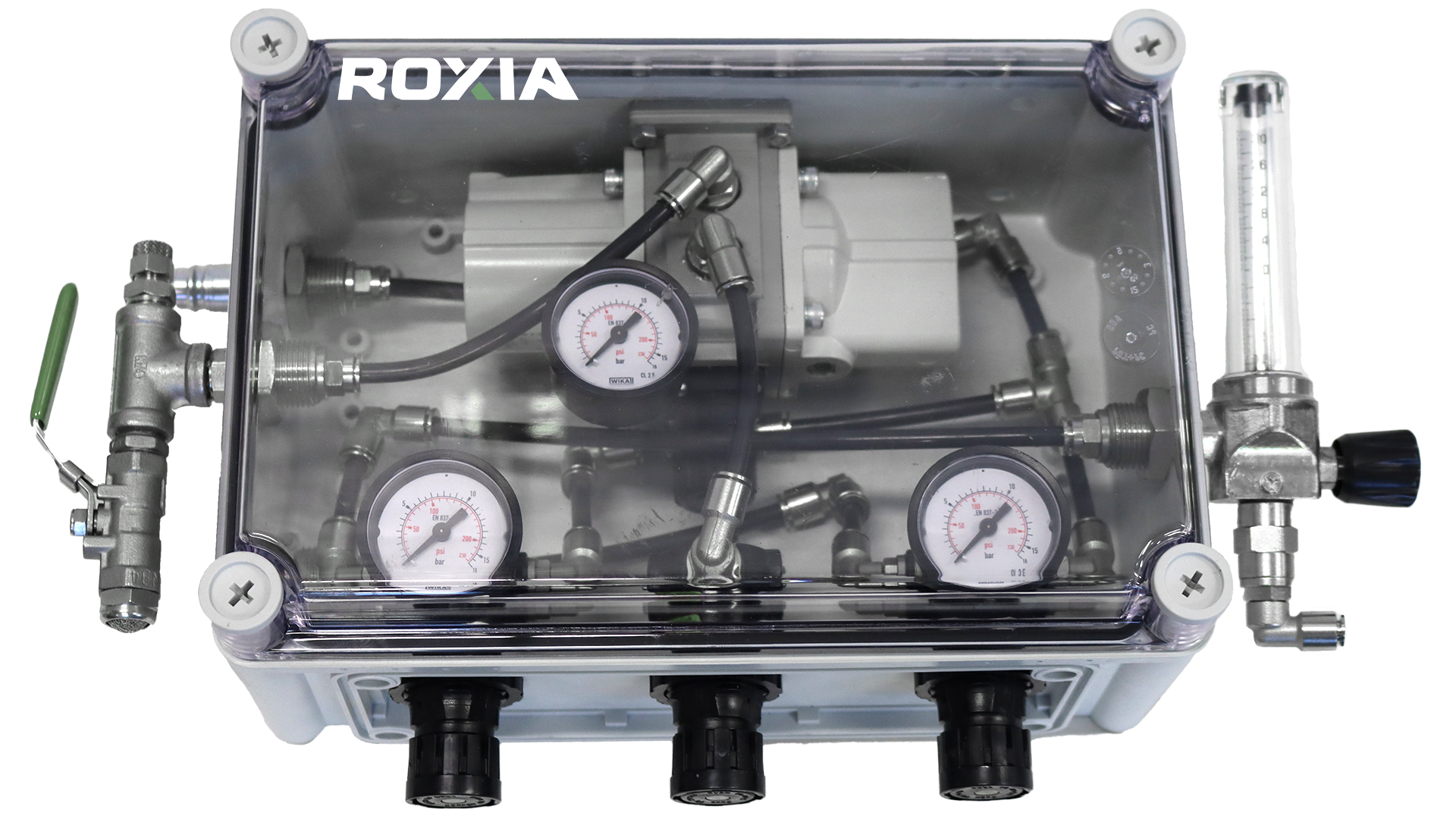 Roxia Filter Press test unit's portable control unit uses pressurized air for exact sequence management.